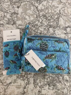 Vera Bradley Sea Turtle and Coral 3 piece Cosmetic Set and Drink Hugger